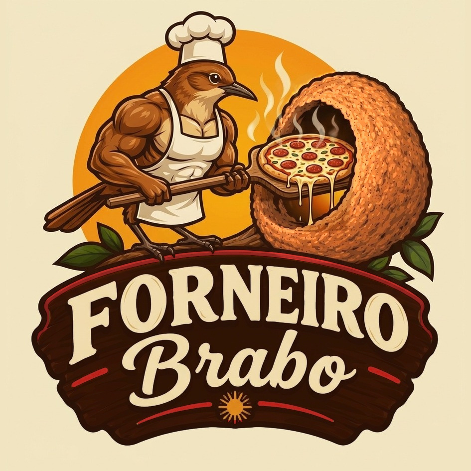 Logo Forneiro Brabo: joão-de-barro forneiro com chapéu de chef colocando uma pizza no forno de barro